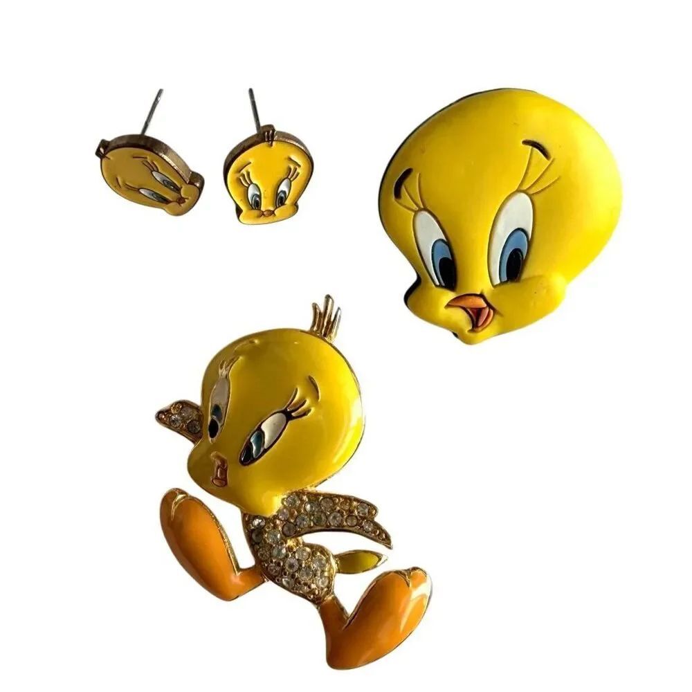 Vintage Tweety Bird Warner Bros Jewelry Bundle Brooch Earrings